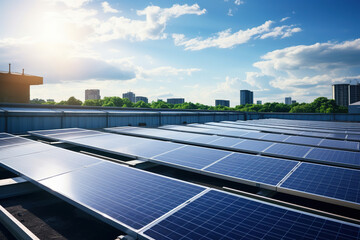 Solar panels installed on a roof of a large industrial building or a warehouse. Industrial buildings in the background. Horizontal photo - obrazy, fototapety, plakaty