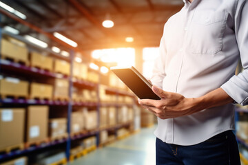 Smart warehouse management system.Worker hands holding tablet on blurred warehouse as background. - obrazy, fototapety, plakaty