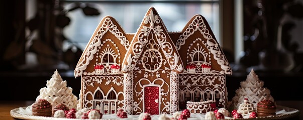 Gingerbread villa set up, gingerbread house banner with sweets and sugar ornaments, ornamented cookie mansion