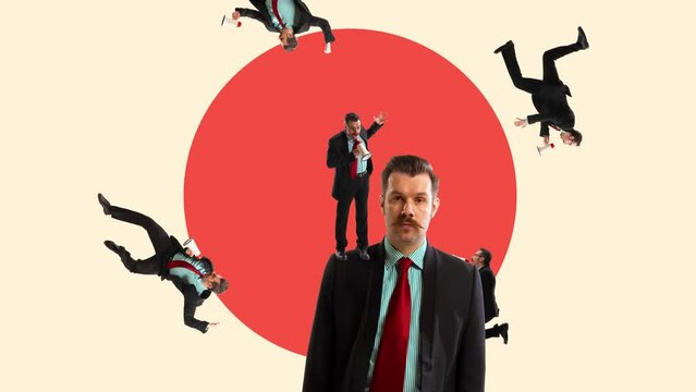 Listen to yourself. Businessman showing confidence over obsessive thoughts and ideas. Choosing right way. Stop motion, animation. Concept of personal and professional growth, business