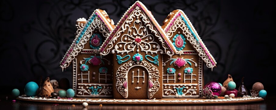 Decorated gingerbread house village banner, isolated sugar ornamented cookie villa on a stand