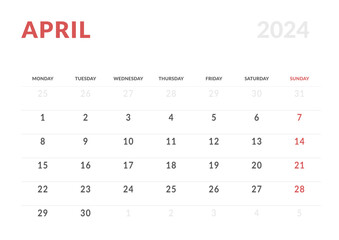 Monthly page Calendar Planner Templates of April 2024. Vector layout of simple calendar with week start Monday for print. Page for size A4 or 21x29.7 cm