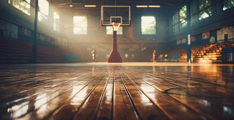 Foto op Canvas an empty basketball court with a basket behind it © Photo And Art Panda