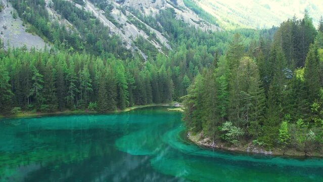 Aerial of Gruner See, beautiful green alpine lake with crystal clear water in spring, Gruner See, Styria, Austria, Europe