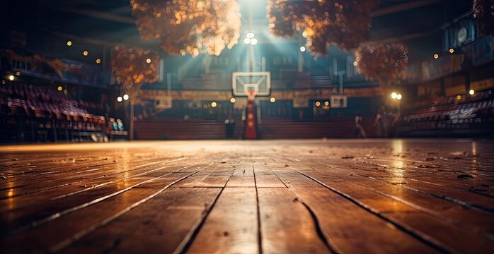 an empty basketball court with a basket behind it