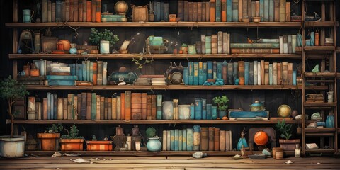 a drawing of a bookcase, in the style of watercolor illustrations