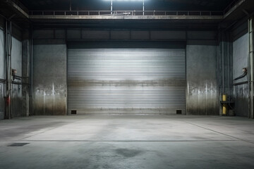 Roller shutter using for factory, warehouse or hangar. Industrial building interior consist of polished concrete floor and closed door for product display or industry background. - obrazy, fototapety, plakaty