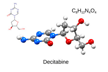 Chemical formula, skeletal formula, and 3D ball-and-stick model of hypomethylation agent decitabine