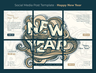 Social media post template with new year typography and floral doodle art design for new year party