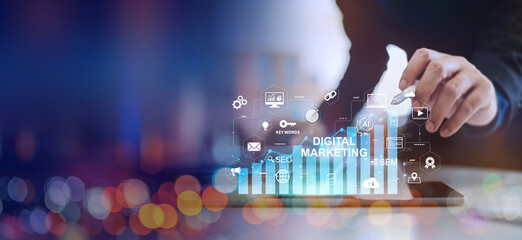 Digital marketing business analytics technology concept banner background. Website adertisement...
