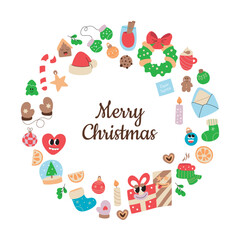 Merry Christmas holiday wreath. Winter retro symbols, cartoon elements, groovy characters. Xmas mascot tree and gift. Vector set for card