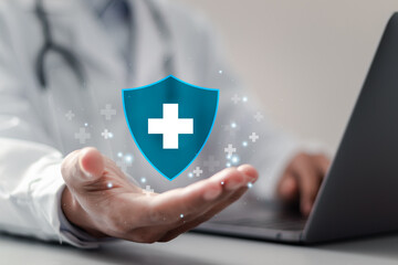 Healthcare and medical Insurance concept, Doctor holding virtual medical network connection icon...