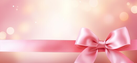 Pink shiny bow on a pale red background, elegant card for presents, vouchers, banners. Magenta, red ribbon on bokeh backdrop for celebration. Luxury.
