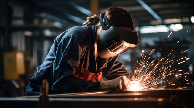 Female welder welds metal while working at an industrial plant.