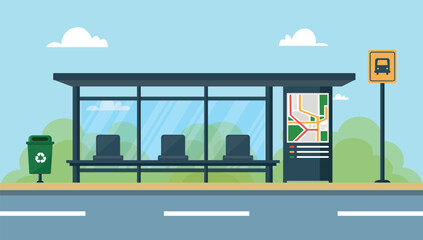 Empty bus stop with sky background. Bus stop public transport in flat style. Vector stock