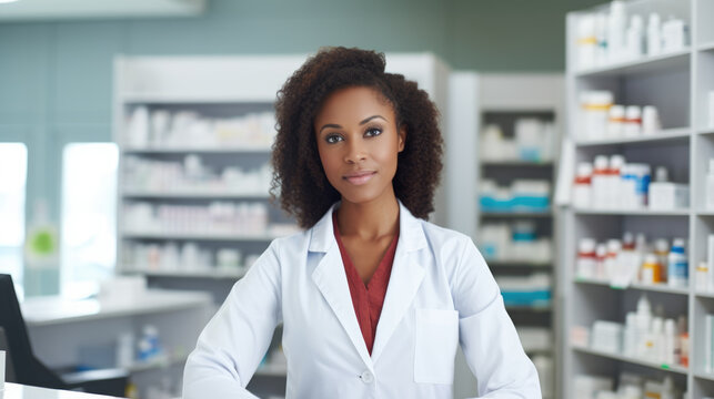 Beautiful African American female pharmacist in a pharmacy against the background of shelves with medicines.
