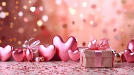 Pink gold balloons and gift boxes with ribbons on pastel background with blurry confetti, concept of birthday, valentine's day background. Congratulations on the holiday day