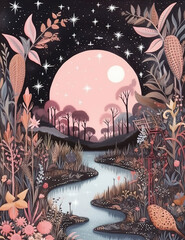 Enchanted Journey: Whimsical Landscape with a Winding Road under a Pink Sky