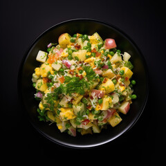 Olivier salad elegance on a clean dark background