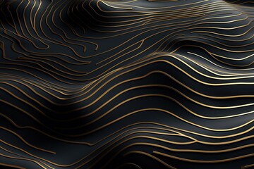3D abstract wallpaper containing contour lines and patches of mesh of dark golden and black color.