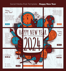 Social media post template with colorful of doodle art in new year concept for new year celebration