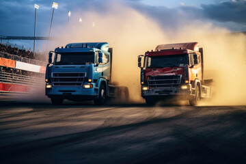 Fototapeta na wymiar Big Racing trucks in action on a track.
