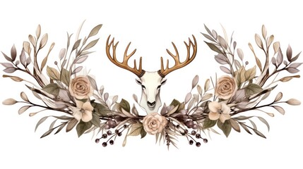 Boho Antlers and Tropical Bouquet in Golden Frame Watercolor Illustration