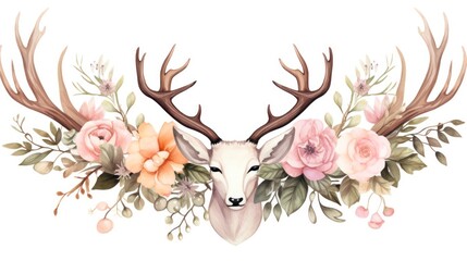 Bohemian-style deer horns, Gilded border and Arrangement containing Watercolor elk antlers, lush foliage and floral artwork - obrazy, fototapety, plakaty