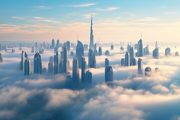 Mega tall skyscrapers of covered in early morning think fog. Rare aerial perspective.