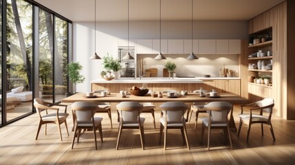 Fototapeta na wymiar Interior of modern spacious kitchen with wooden trim in luxury villa. Open shelves with utensils, dining table with chairs, panoramic windows with picturesque landscape view. Contemporary home design.