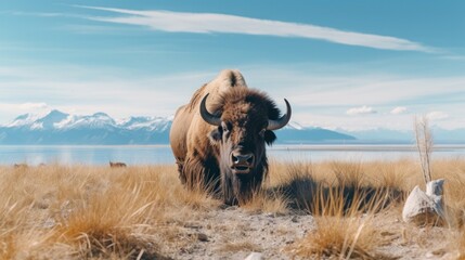 Bison Feeds on Grasslands and Licks Rocks on Antelope Island in Utah's Great Salt Lake Region. - obrazy, fototapety, plakaty