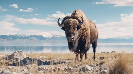 Bison Grazing on Grasslands with Rocky Outcropping on Antelope Island, Utah, Near Great Salt Lake