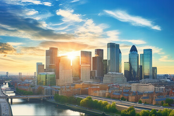 Panoramic skyline view of Bank and Canary Wharf, central leading financial districts with famous skyscrapers at golden hour sunset with blue sky and clouds