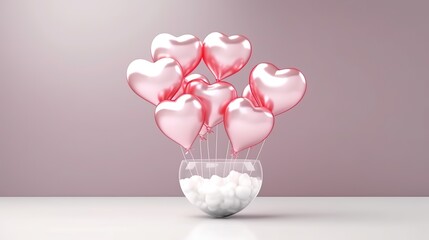 Pink heart shaped helium balloons on pink background. Foil air balloons on pastel pink background. Minimal love concept. Valentine's Day or wedding party decoration. Metallic balloon