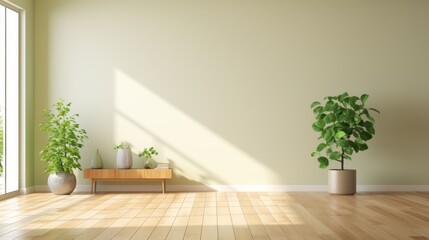 Fototapeta premium Empty minimalist room in modern house or apartment. Pistachio walls, hardwood floor, wooden console with elegant vases, indoor plants in pots, large panoramic window. Mockup.