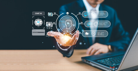 Businessman show virtual graphic Global Internet web connect Command prompt, Chat AI cpu for developer business robot. Ai bot tech, Artificial Intelligence computer technology transformation concept .