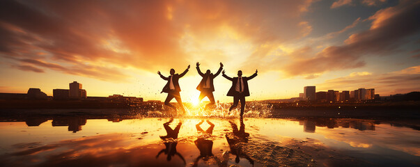 freedom and creativity Silhouette Businessmen Jumping to Success in Corporate Collaboration,
...