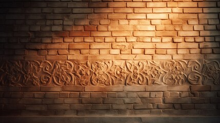 Fototapeta na wymiar A brick wall with intricate patterns and soft lighting, casting shadows that highlight its texture.