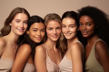 Obraz premium Close-up studio portrait of five cheerful young diverse multiethnic women. Female models smiling at camera while posing together. Diversity, beauty, friendship concept. Beige monochrome background.