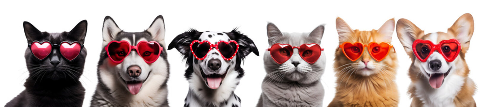 Valentine’s Day Set of Dogs and Cats with Heart-Shaped Sunglasses: Cute Pet for Pet Shop Banners and Veterinary Clinic Promotions, Isolated on Transparent Background, PNG