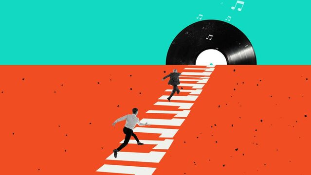 Two men running away on piano notes to vinyl player. Stop motion, animation. Concept of music lifestyle, creativity, inspiration, imagination, talent, ad. Contemporary art