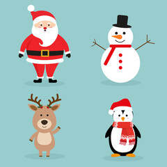 Christmas Santa Claus Snowman, Penguin and Deer. Vector Graphics in Cartoon Style