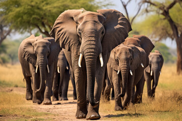 Fototapeta premium Herd of Elephants in Africa walking through the grass in Tarangire National Park, Tanzania
