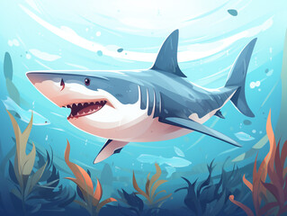 A shark is swimming in shallow waters looking for prey. Swim between the cracks of the new coral and seaweed.