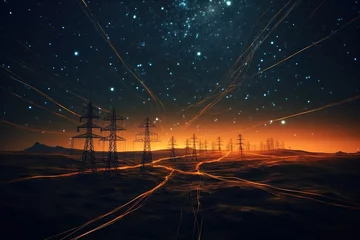 Fotobehang Electricity transmission towers with orange glowing wires the starry night sky. Energy infrastructure concept. © arhendrix