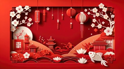 Chinese new year background. chinese new year themed decoration with Chinese lanterns, plum blossoms and auspicious clouds in paper cut style with copy space.
