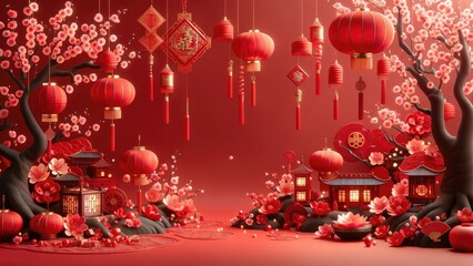 Chinese new year background. chinese new year themed decoration with Chinese lanterns, plum blossoms and auspicious clouds in 3d style with copy space.