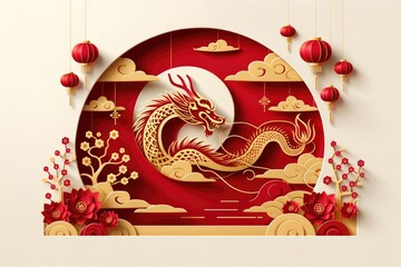 Chinese New Year background. with Zodiac Year of the Dragon Chinese new year theme decoration with Chinese lantern, plum blossom and auspicious clouds in paper cut style. - obrazy, fototapety, plakaty