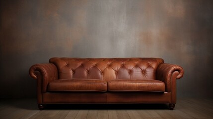 A classic brown leather sofa isolated before a beige solid color pattern wall.