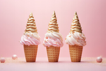 three Christmas tree shaped ice creams in cones on a pastel pink background, pink and gold colors, holiday dessert